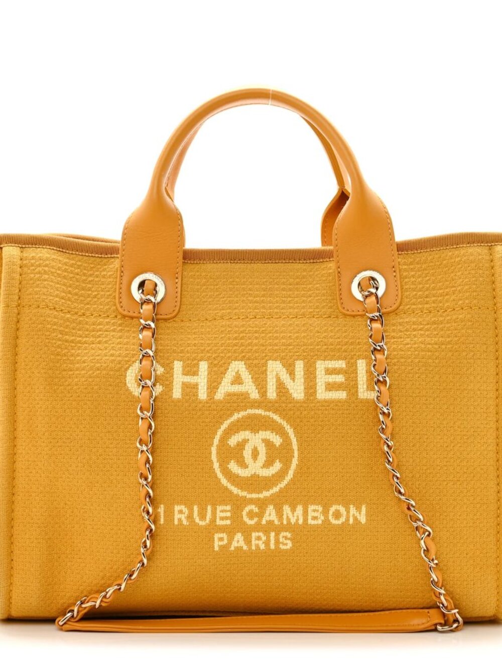 Chanel Mixed Fibers Deauville Tote Yellow CC Top Handle Shoulder Bag Shopper